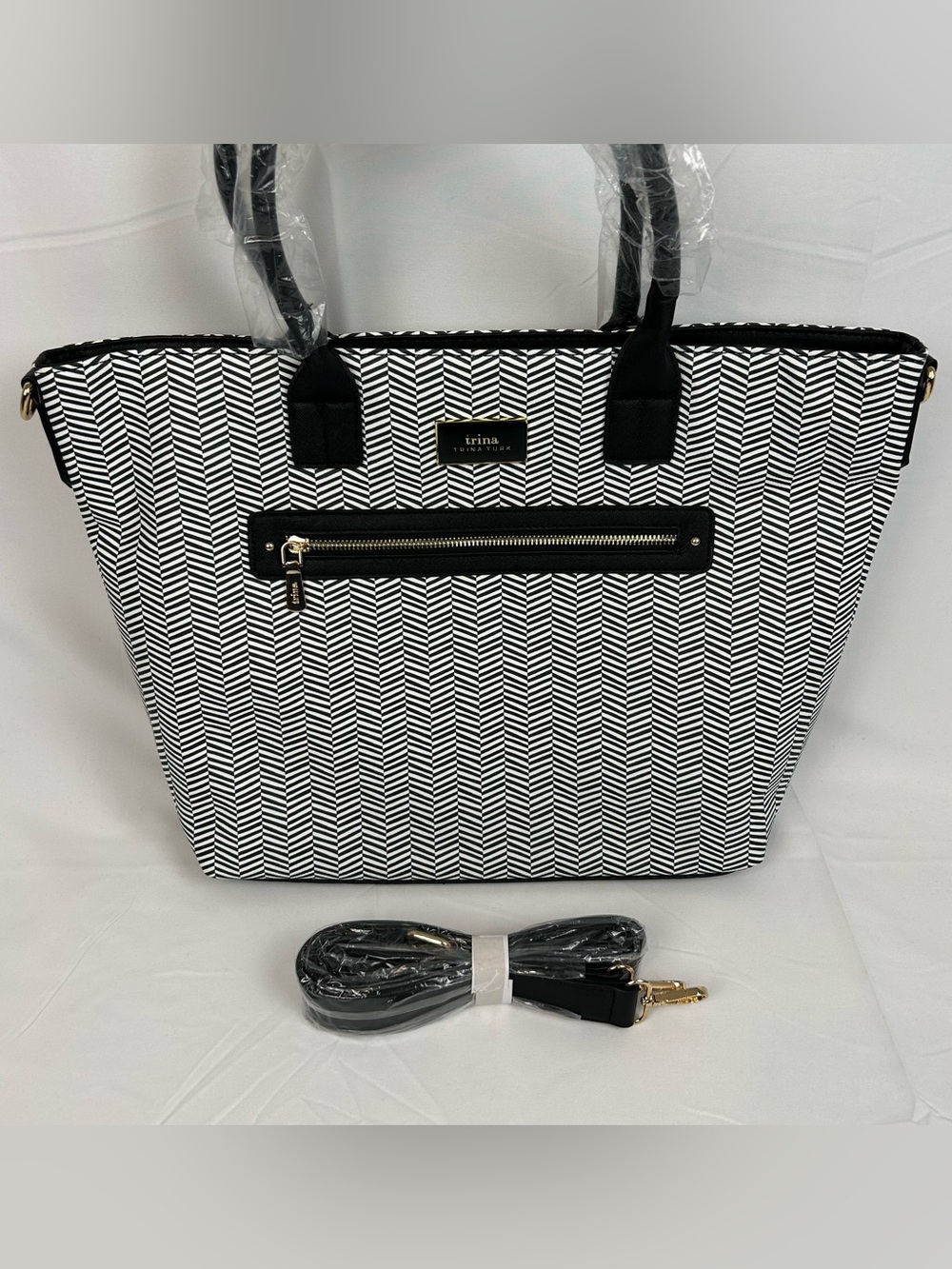 *NEW* Trina Turk Double Handle Tote Satchel Herringbone Pattern Vegan Leather - Picture 2 of 14